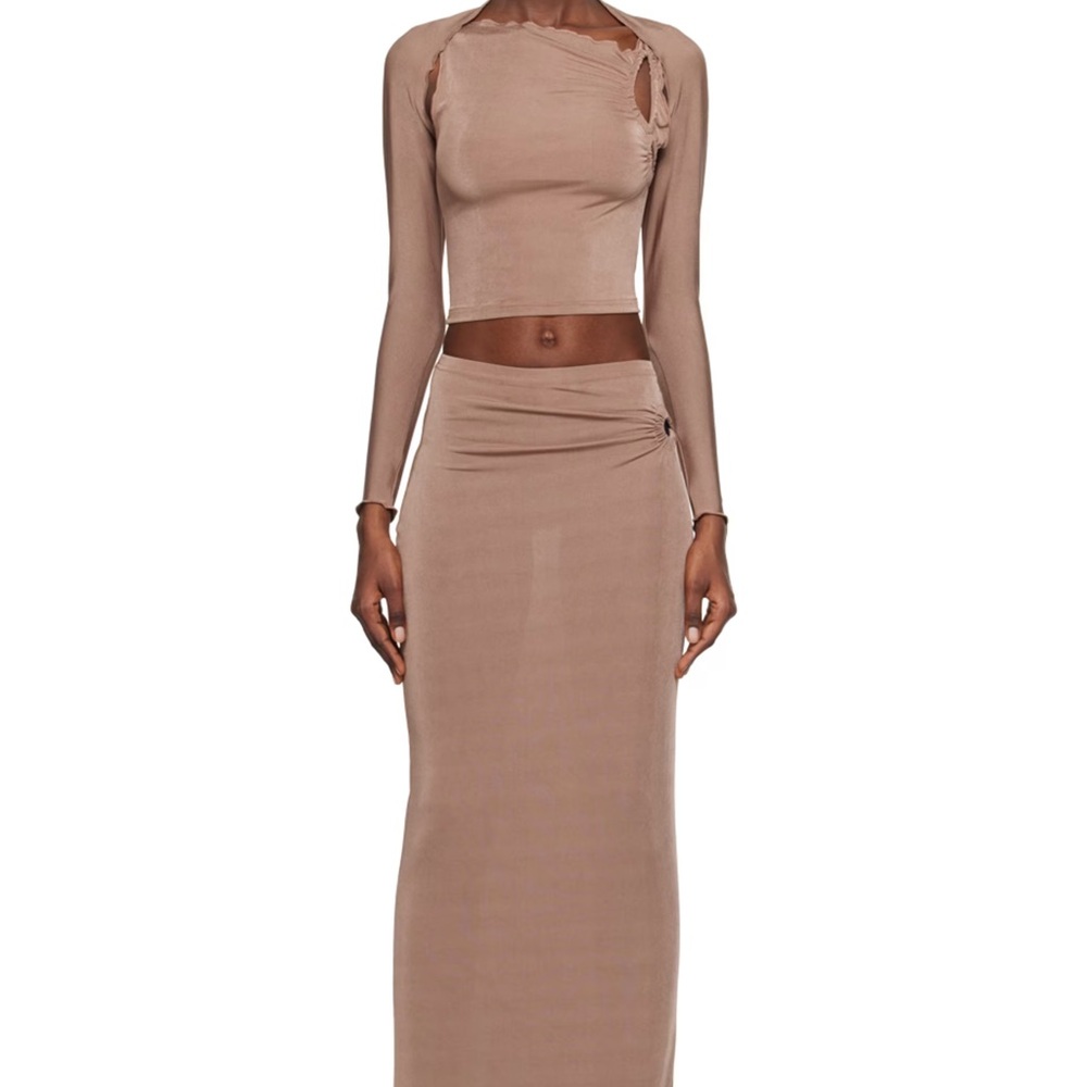 Tan Maxi Pencil Skirt with Cut Out Details